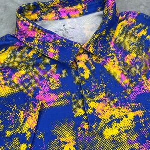 Fabletics The 24-7 Golf Polo Shirt Men's XL Blue Yellow Pink Abstract Splatter